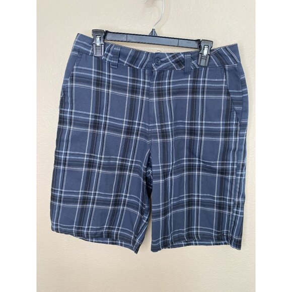O'Neill Mens Blue Black Shorts 32 polyester Plaid button zipper summer pockets - Picture 1 of 7